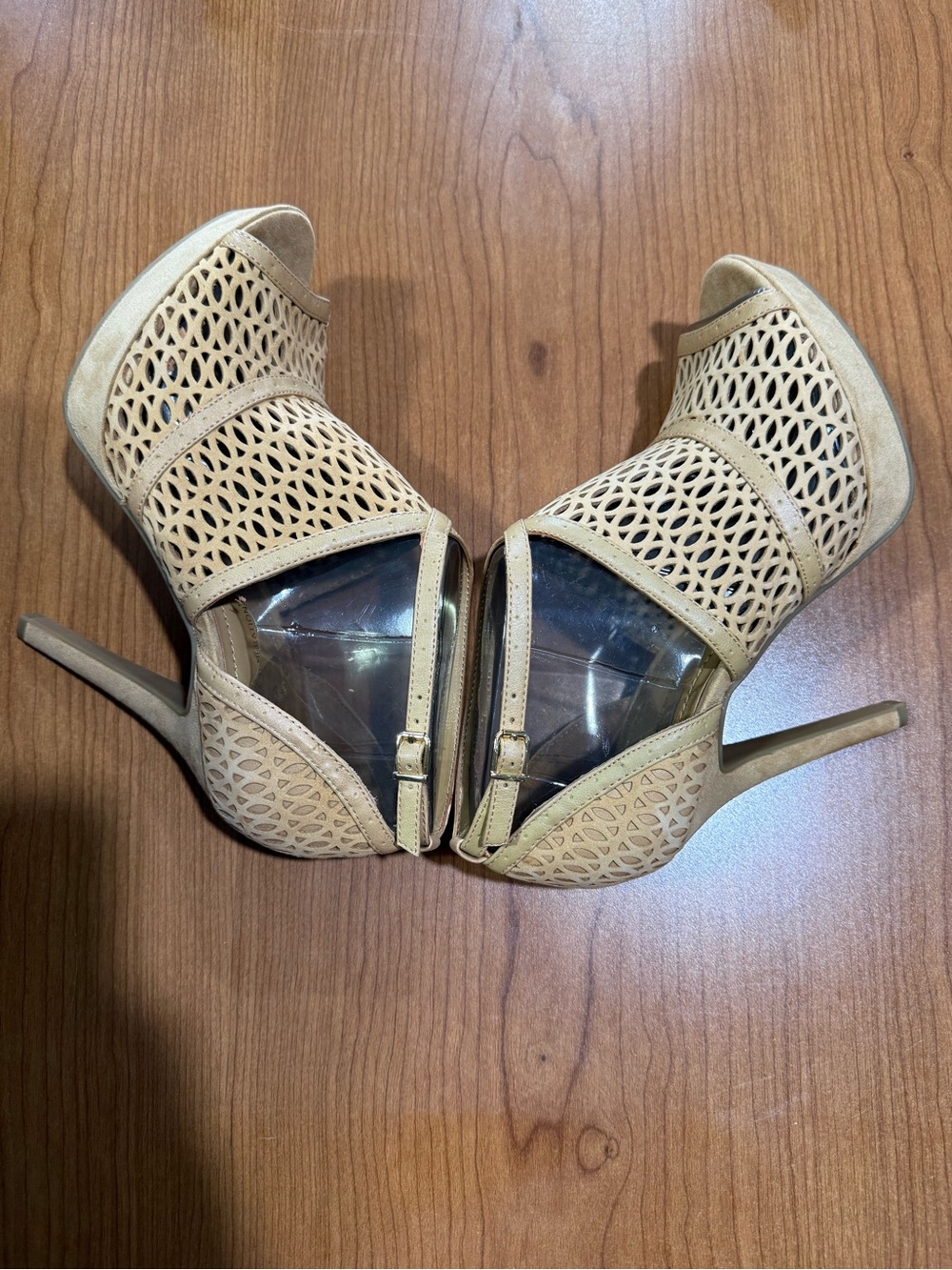BCBGeneration Beige Laser-Cut Peep-Toe Ankle-Strap Heels